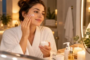 Woman applying night cream as the final step of her evening skincare routine.