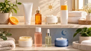 Morning and night skincare products arranged in two rows for a dull skin routine.