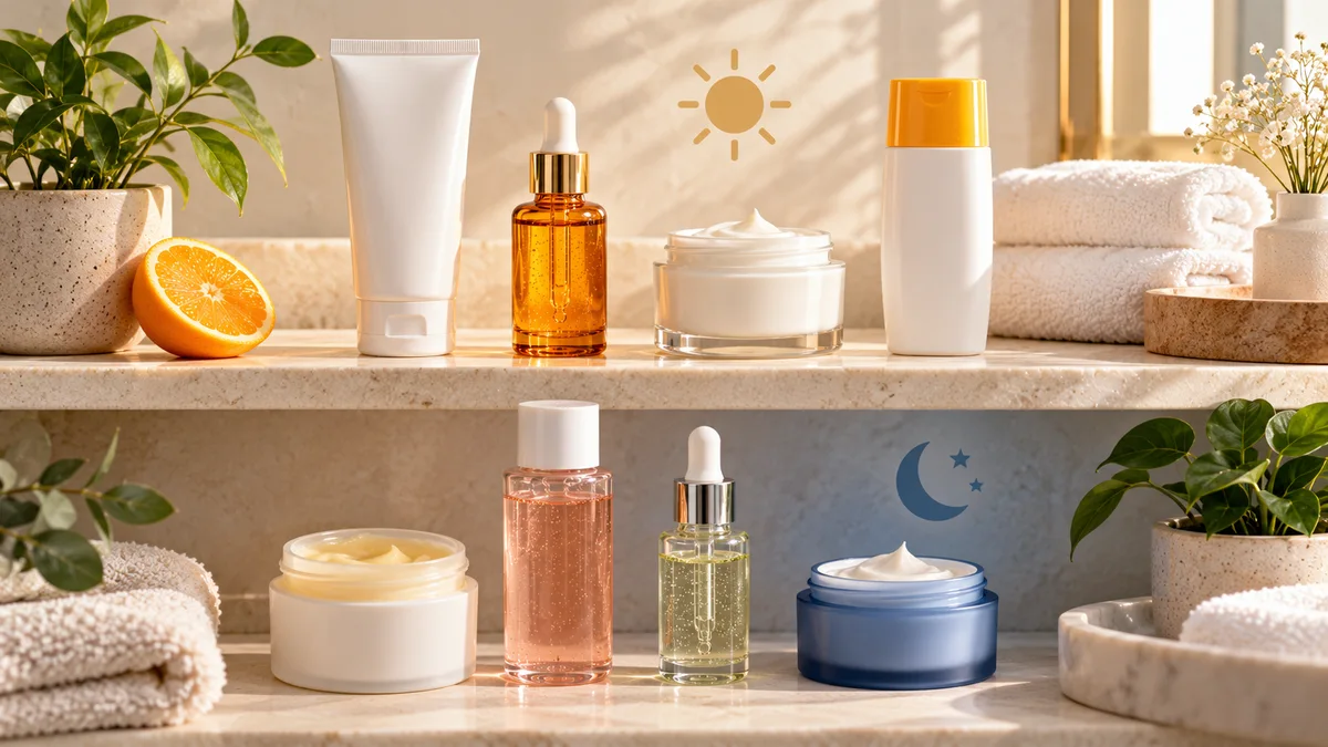 Morning and night skincare products arranged in two rows for a dull skin routine.