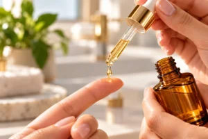 A drop of vitamin C serum on a fingertip, ready to apply to dull skin.