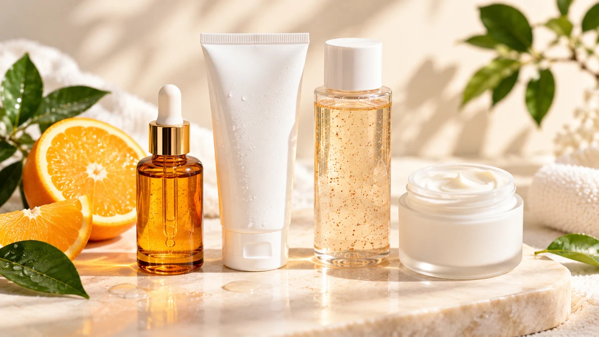 Vitamin C serum, cleanser, exfoliating toner and moisturizer for dull skin.